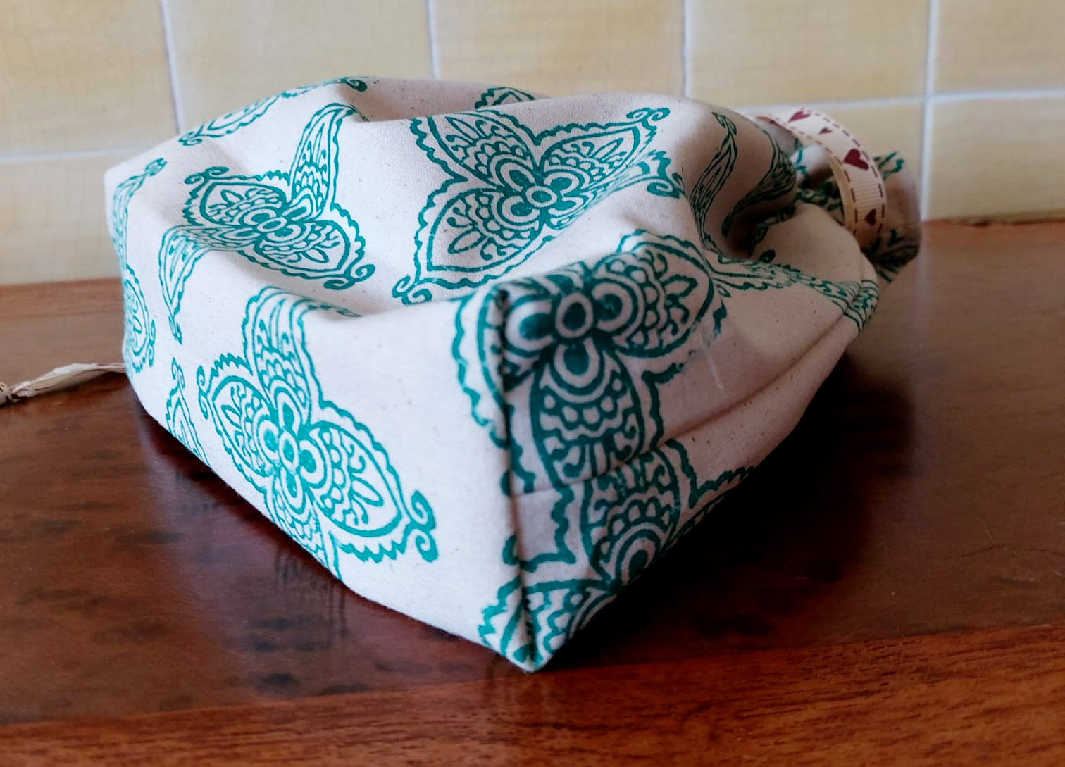 Handmade block-printed drawstring bag bottom