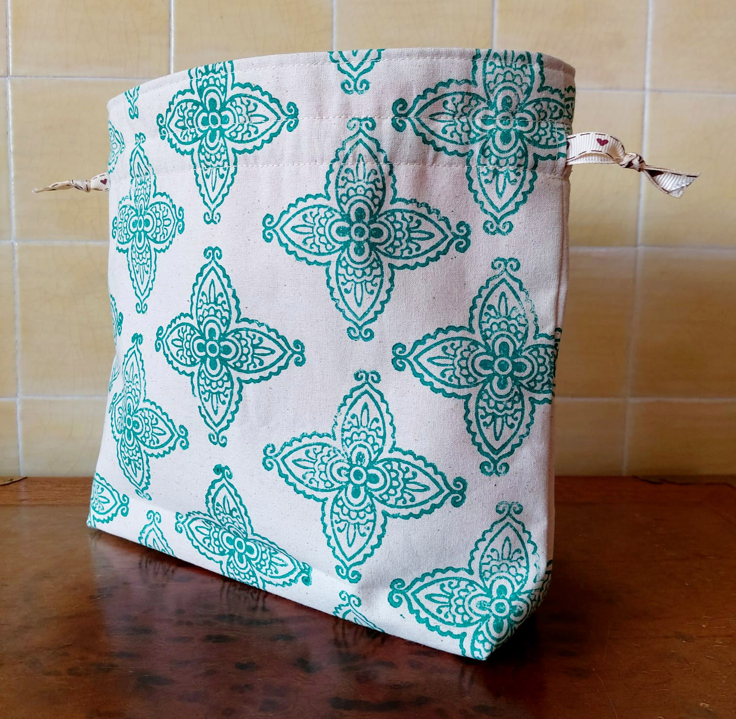 Handmade block-printed drawstring bag front full