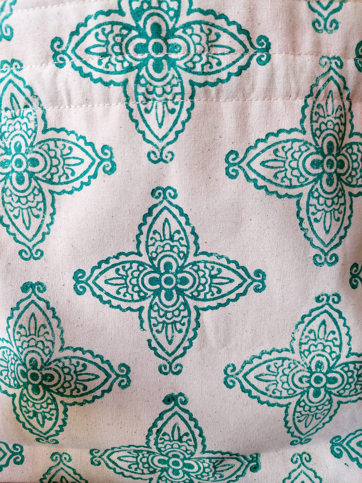 Handmade block-printed drawstring bag outside pattern