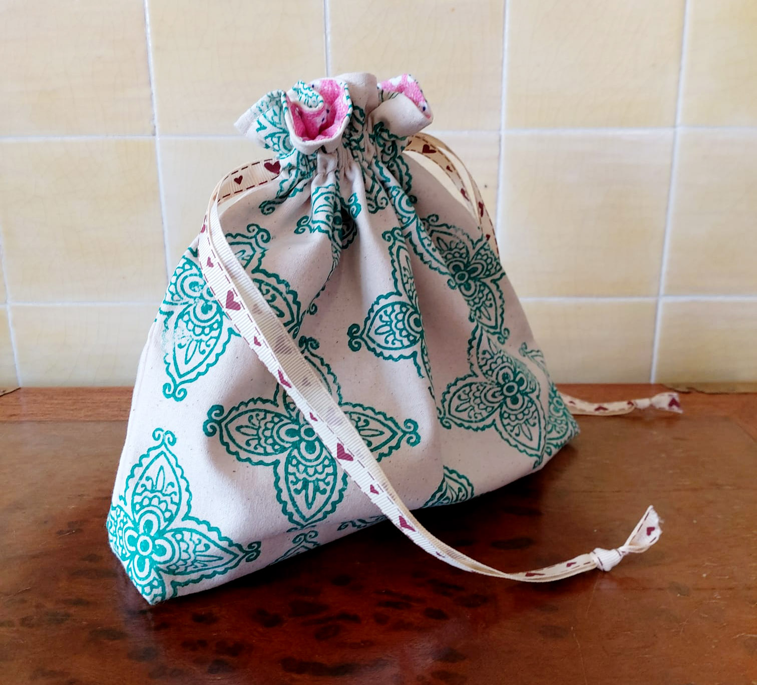 Handmade block-printed drawstring bag side closed