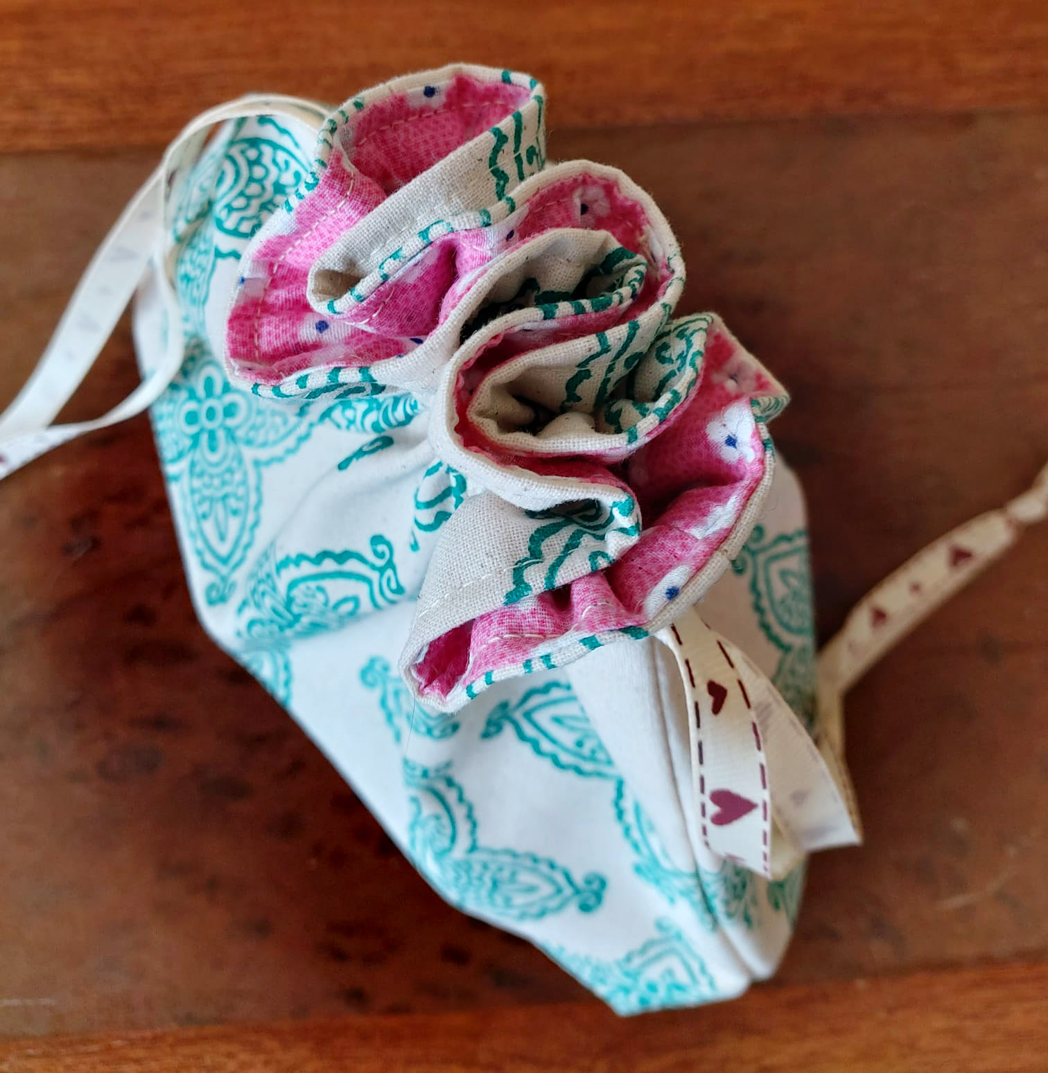 Handmade block-printed drawstring bag top closed